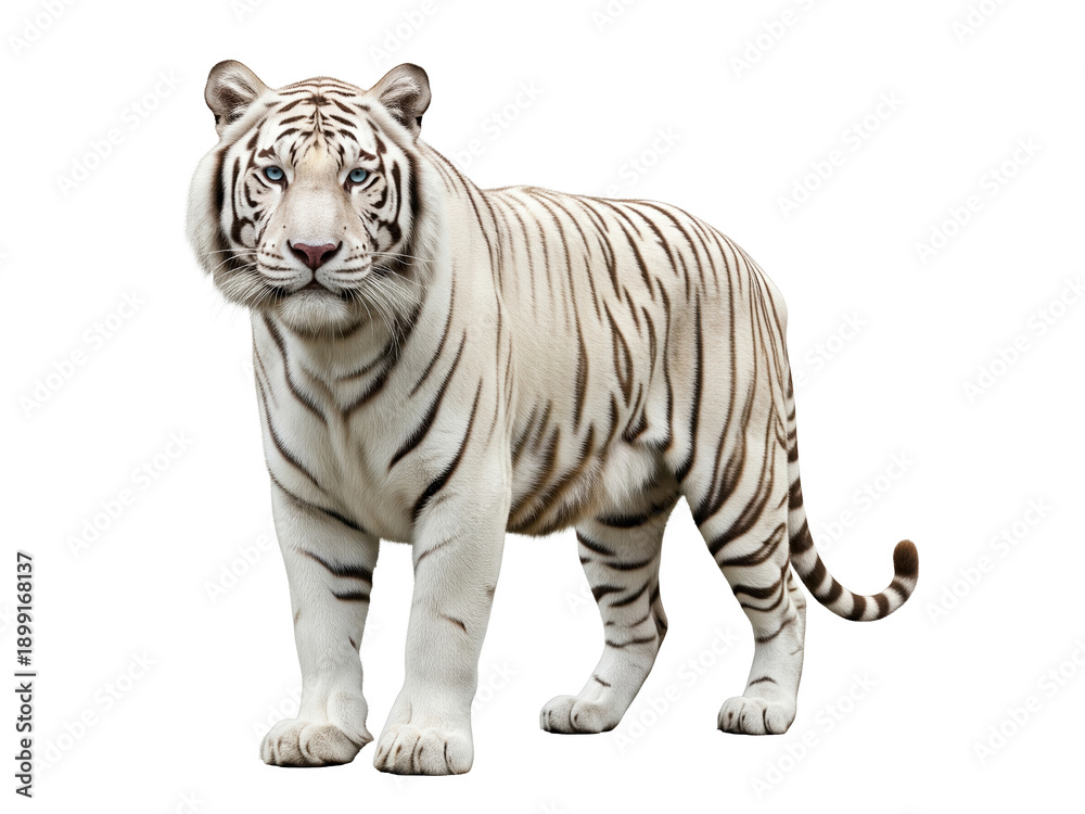 Obraz premium White tiger standing and looking forward isolated on transparent background. Wildlife and nature conservation concept