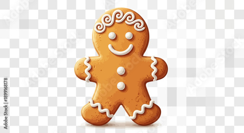 A cheerful gingerbread man with white icing details, smiling and ready for the holidays.