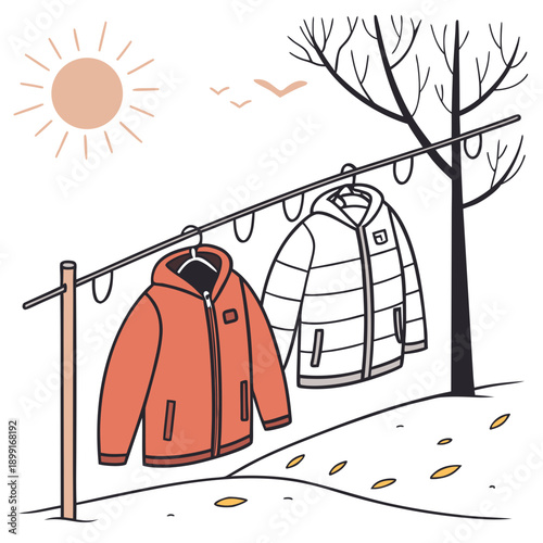 Winter jackets drying in the sun