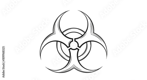 A black and white illustration of a biohazard symbol, representing danger and warning.