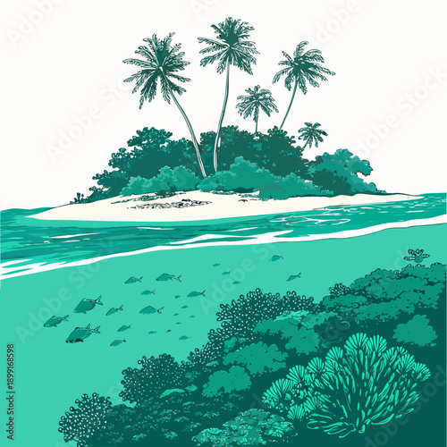 Tropical island with underwater coral reef