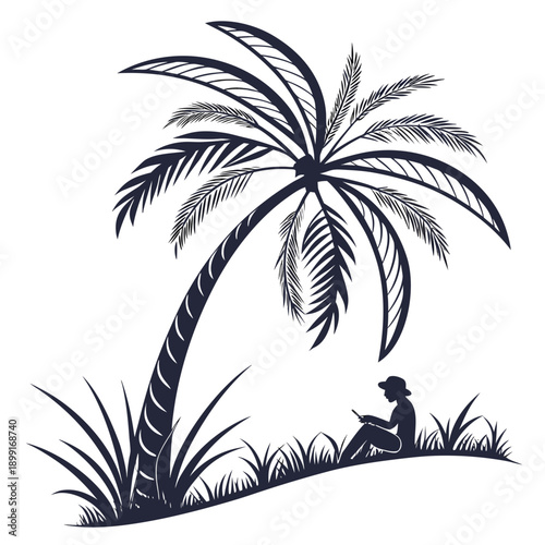 Foto Silhouette of a person reading under a palm tree