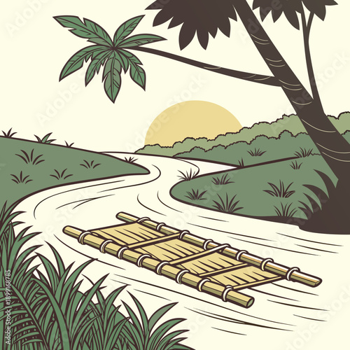 Tropical river scene with bamboo raft