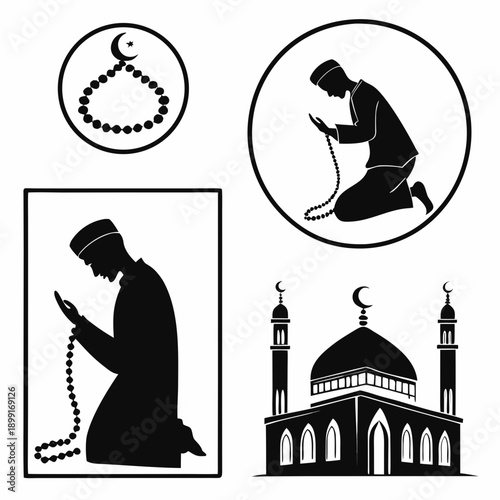 Islamic prayer and mosque silhouettes