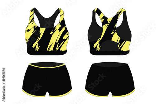 Stylish Women's Activewear Set in Black and Yellow with Modern Abstract Design Patterns
