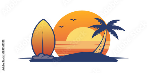 Tropical sunset with surfboard and palm tree
