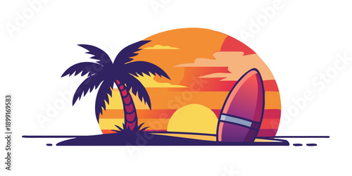 Tropical sunset with surfboard