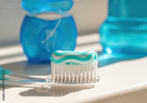 Toothbrush with toothpaste and dental hygiene products on a bathroom counter