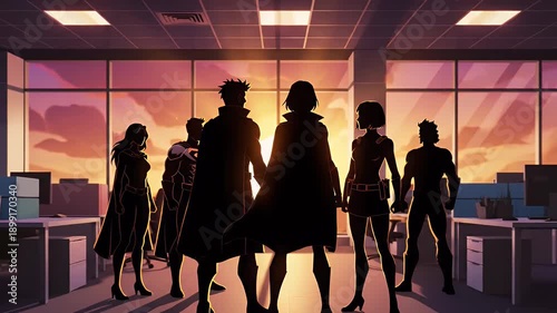 Four superheroes silhouetted against city sunset in modern office
