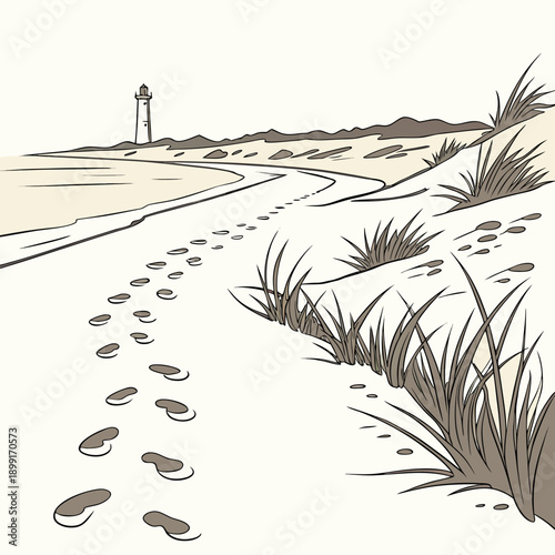 Serene beach with footsteps and lighthouse