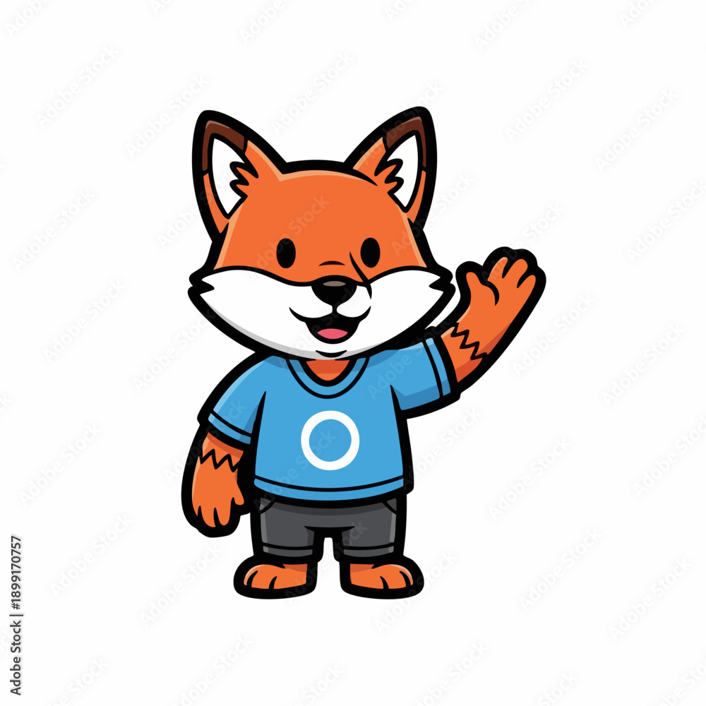 Fototapeta premium Cartoon Fox Character Waving Hand Wearing Blue Shirt and Gray Shorts.