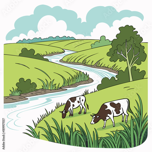 Pastoral landscape with cows grazing