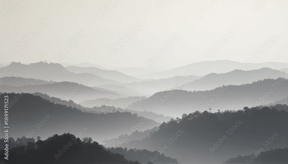 Fototapeta premium Misty Mountain Range Landscape with Layered Hills and Hazy Horizon at Sunrise Subtle Foggy Atmosphere