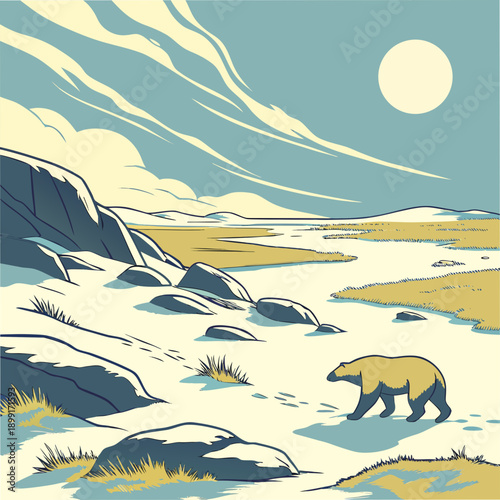 A polar bear walks through a desolate arctic landscape Vector