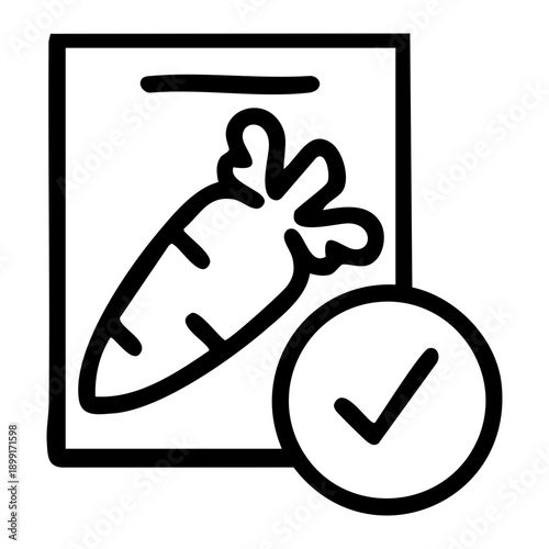 Outline style of a carrot displayed on a card or bag with a checkmark icon, representing healthy food selection or a completed nutritional task. Related to healthy grocery shopping, meal planning