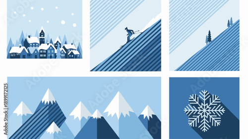 Winter wonderland scene featuring snowy mountains and a village with a snowflake.