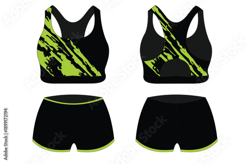 Stylish black and green sports bra and shorts set for active lifestyle and fitness enthusiasts