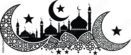 Black Islamic crescent moon and mosque silhouette with ornate arabesque pattern and stars. Elegant monochrome Eid and Ramadan celebration design ideal for banners, cards, invitations, and religious .