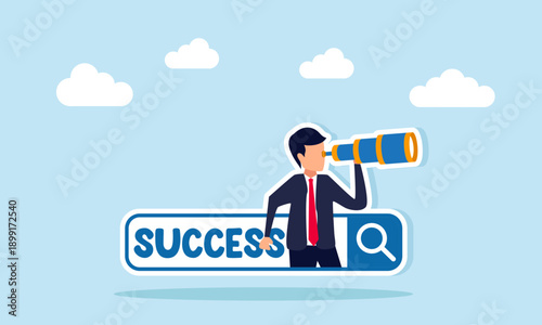 Businessman peeking from inside search engine bar with success text illustrating competitor observation to achieve success