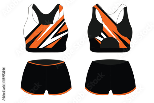 Stylish Black and Orange Sports Bra and Shorts Set with Bold Geometric Design