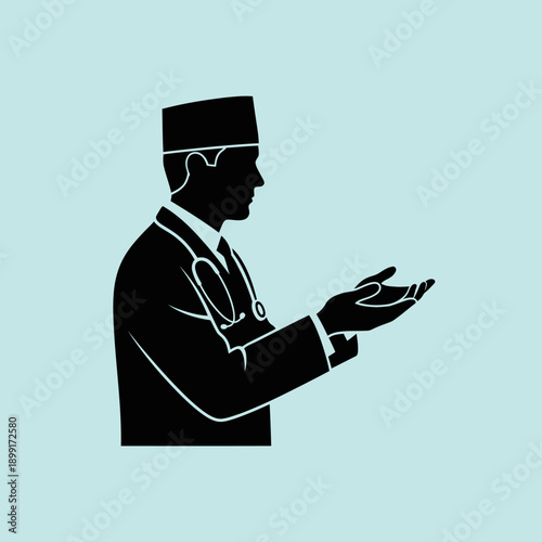 Silhouette of a doctor with open hands offering help.