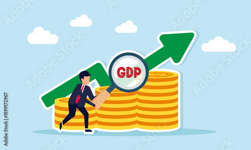 Businessman using magnifying glass labeled GDP to analyze coin stacks with rising green arrow illustrating gross domestic product growth analysis
