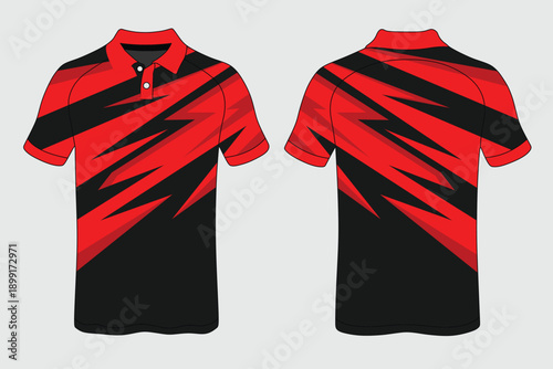 Stylish Red and Black Polo Shirt Design with Unique Geometric Patterns for Fashion Enthusiasts