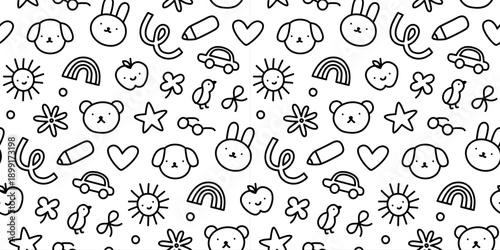 Black and white funny children doodle icon seamless pattern. Cute happy kid drawing symbol wallpaper print, diverse education concept background illustration texture.