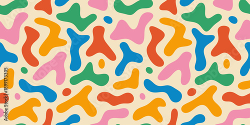 Colorful abstract doodle shape seamless pattern. Creative minimalist style art background, trendy design with basic shapes. Modern color wallpaper print backdrop.