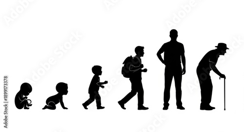 Human life cycle stages silhouette from baby to elderly person.