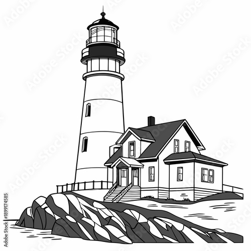 Lighthouse and house by the sea