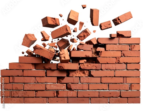 Red Brick Wall Destruction Explosion Debris.