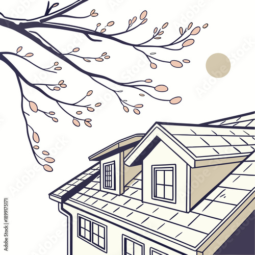 Illustrated house with blossoming branch