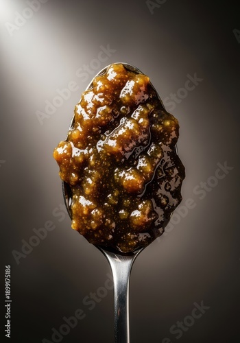 A close-up view of a metal spoon holding an unpleasant, thick, dark brown, sludgy mixture, suggesting a horrible, inedible flavor, unpleasant, liquid, sludge