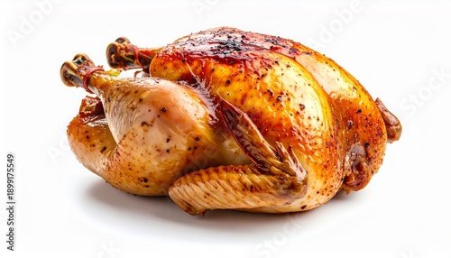 Whole Roasted Chicken with Crispy Golden Skin on White Background.