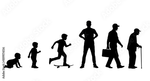 Human life cycle stages silhouette progression from baby to elderly man.