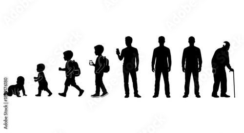 Human life cycle stages silhouette progression from baby to elderly man.