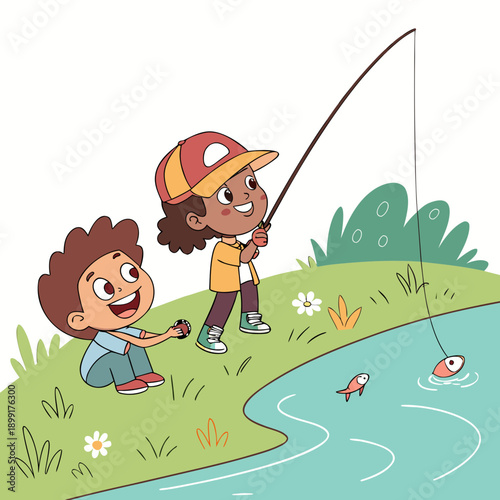 Children fishing by the pond