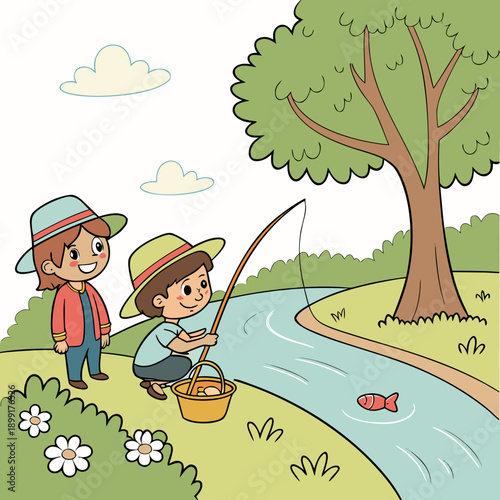 Children fishing by a river
