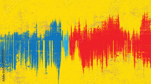 Abstract sound wave pattern in blue and red on textured yellow background