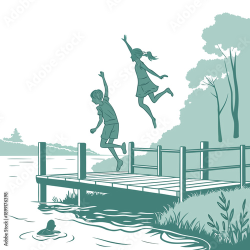 Children jumping into water from a pier