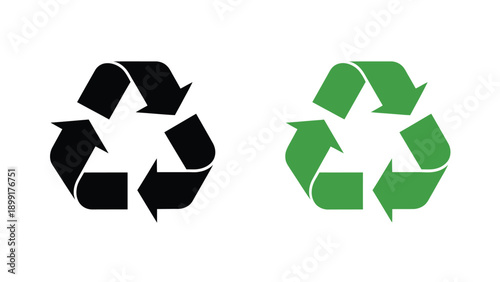 Collection of universal recycling symbols shown in both black and vibrant green colors