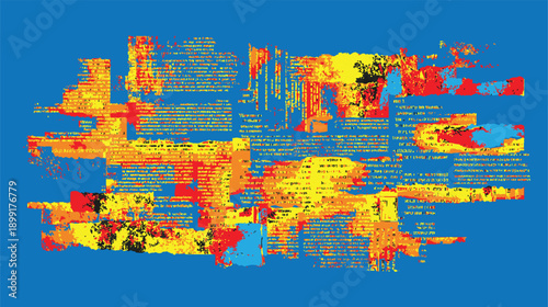 Abstract textured blocks of text in yellow orange red and blue on a solid blue background
