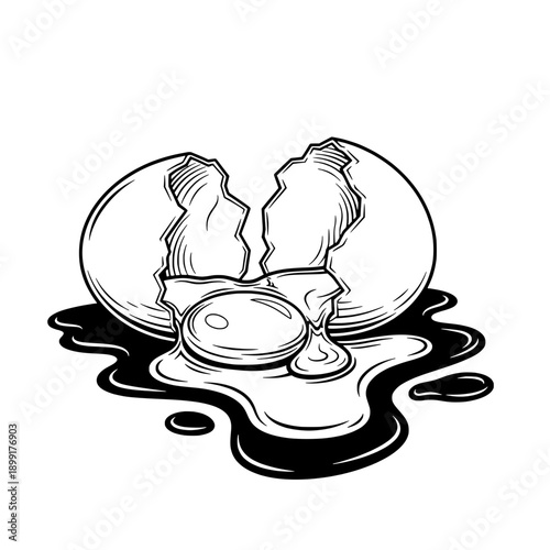 Vector illustration of cracked egg with splashing contents on white surface viewed from above