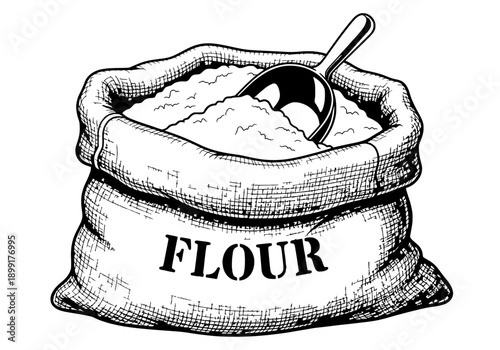 Baking vectors illustration of flour sack with spoon inside viewed from front