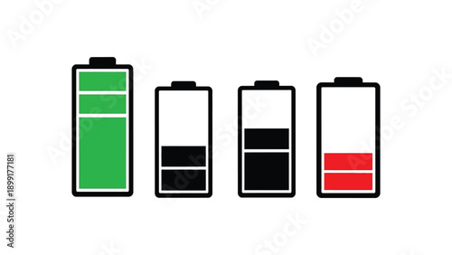 Four distinct battery level icons showing charge status from full green to critical red
