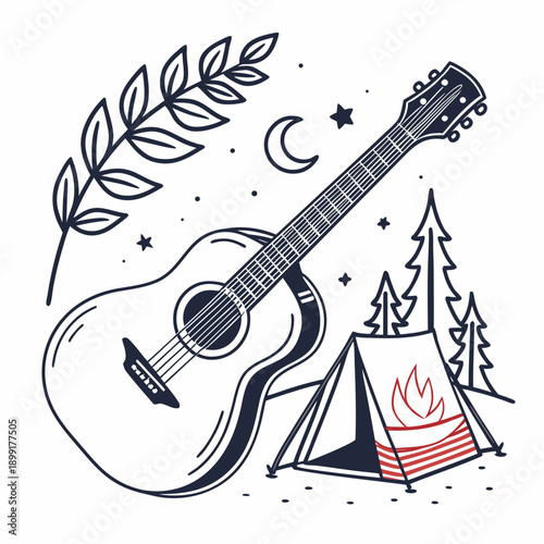 Acoustic guitar camping illustration