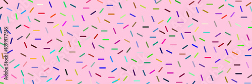 Colorful donut sprinkles seamless pattern. Strawberry candy cream background. Cake glaze icing overlay for decorative banner, poster, template.