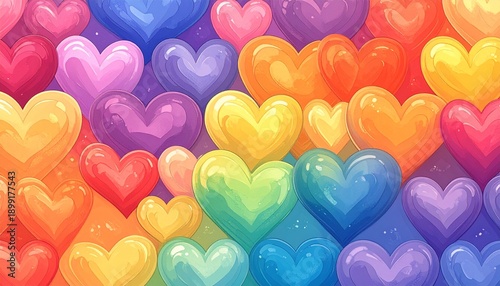Vibrant rainbow hearts create a stunning colorful background
