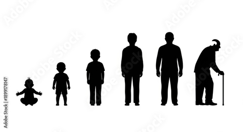 Human life cycle stages silhouette progression from baby to elderly person.